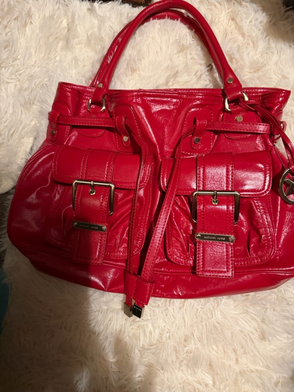 Michael Kors Red Patent Leather Shoulder Bag with Buckle Pockets
